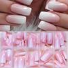 120Pcs Pink-White Gradient Press On Nails, Glossy Long Square French Fake Nails Full Cover Wearable Nail Tips