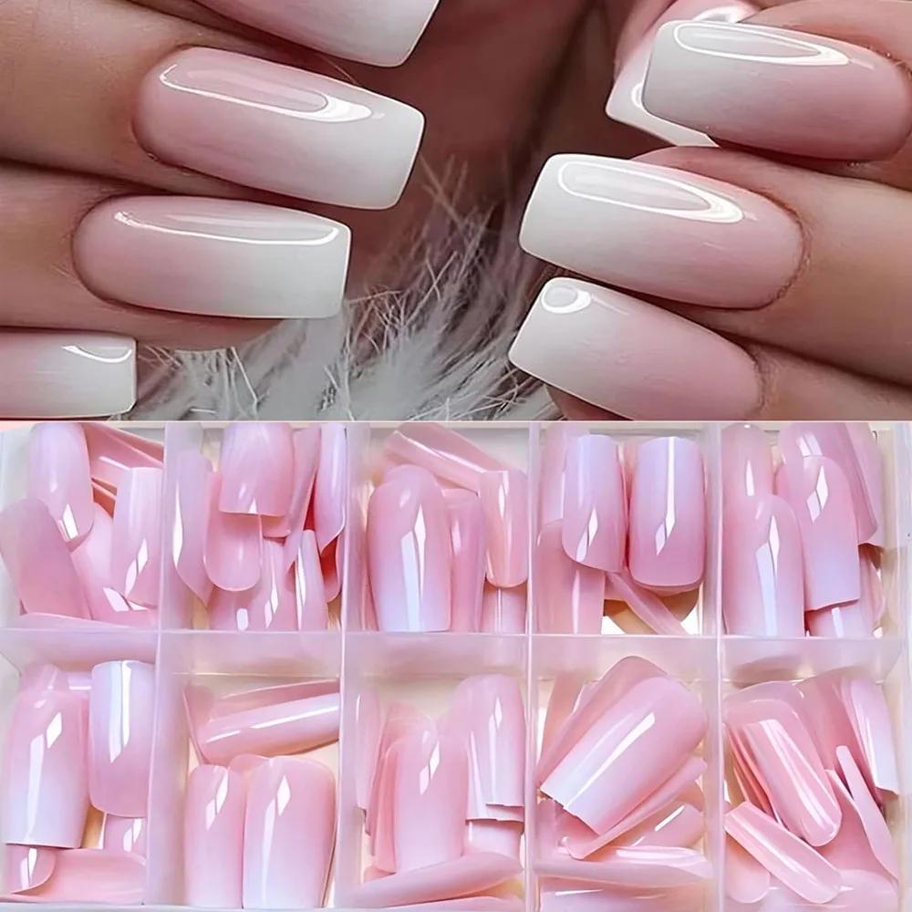 120Pcs Pink-White Gradient Press On Nails, Glossy Long Square French Fake Nails Full Cover Wearable Nail Tips
