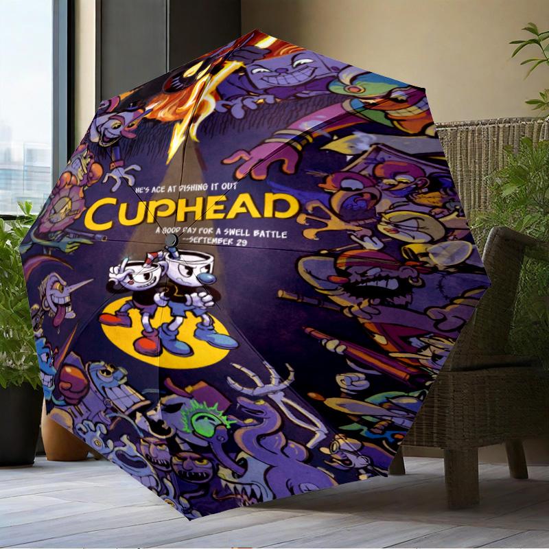 Adventure In The Cup-head Umbrella Folding Umbrella, Automatic Umbrella 8-Frame for Travel, Camping Use Gift for Halloween Christmas