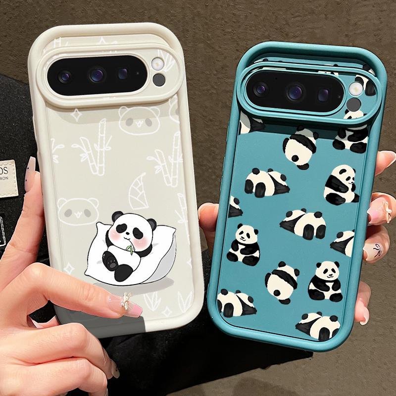 Lovely Pandas Pattern Matte Soft Phone Case For Google Pixel 9 Pro XL 8 Pro 8A Shockproof Lens Protection TPU Bumper Cover