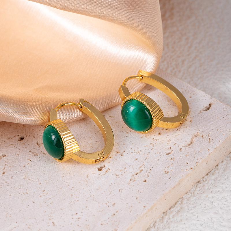 High-end Geometric Stainless Steel Stud Earrings with Imitation Blue Turquoise Cat's Eye