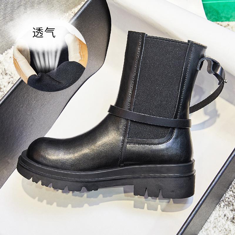 Boots Women's Winter New Leather Cigarette Boots Medium Boots Women's Chelsea Fleece Martin Boots