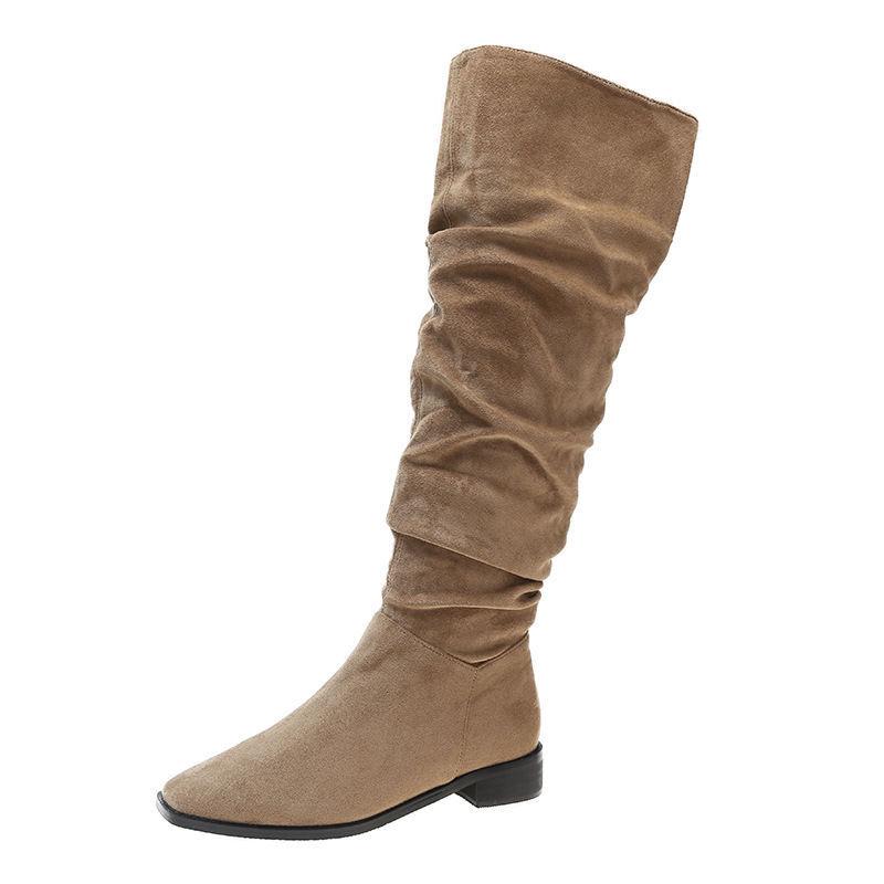 2025 autumn and winter new elastic boots square head low heel high tube fashion superb foreign style women's versatile stacking boots thin boots