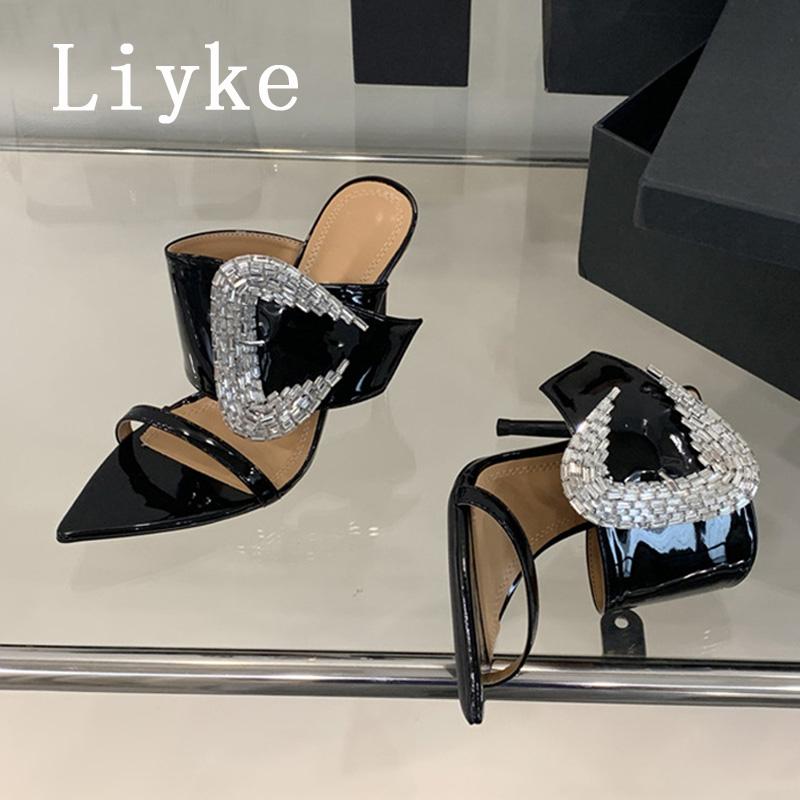 Fashion Liyle Elegant Pointed Toe Patent Leather Sexy High Heels Mules Women Slippers Crystal Rhinestone Buckle Designer Shoes Sandals