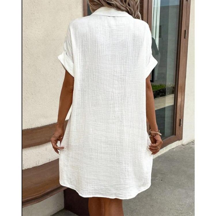 Loose Casual Midi Dress Women Solid Color Single Breasted Short Sleeve