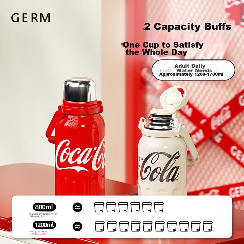 GERM (Germe) Borraccia Termica Coca-Cola Rhythm per Uomo e Donna, Borraccia Sportiva, Tazza da Auto ad Alta Capacità, Tazza da Studente, 800ML, Rossa
