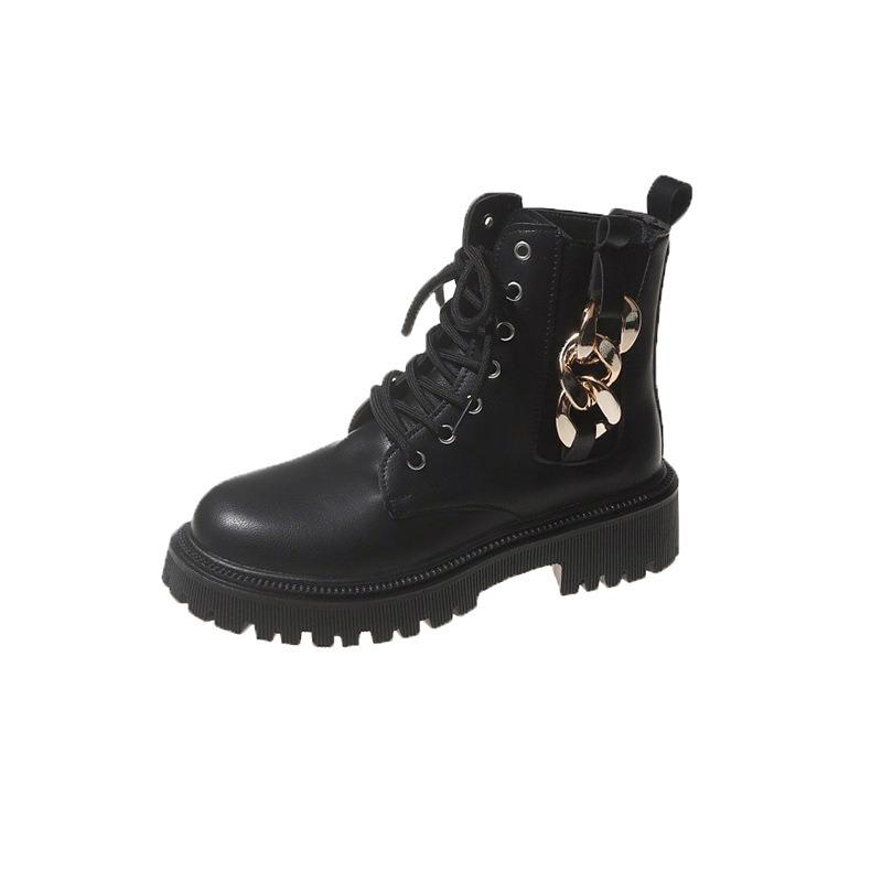 Martin Boots Short Leather Boots Women's Autumn and Winter New Large Size Metal Chain Decorative Chelsea Short Boots Women's Boots