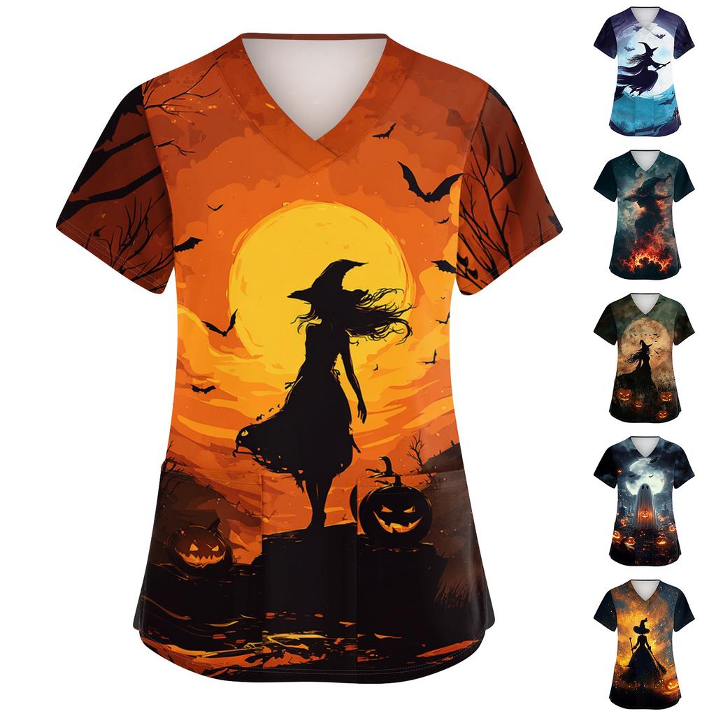 Women V Neck Short Sleeve Work Top with Side Slits and Pockets Halloween Pumpkin Print Shirt Suitable for Professional Use and Casual Wear