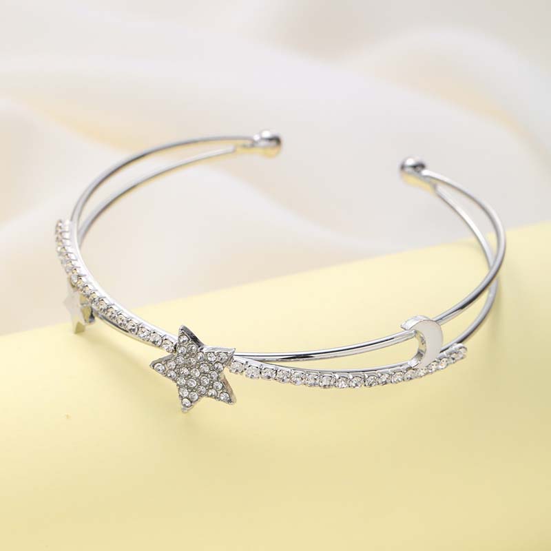 

Модный двухслойный браслет-манжета со звездами и луной для женщин, простой серебристого цвета, с кристаллами, полый геометрический браслет, ювелирные изделия, подарки