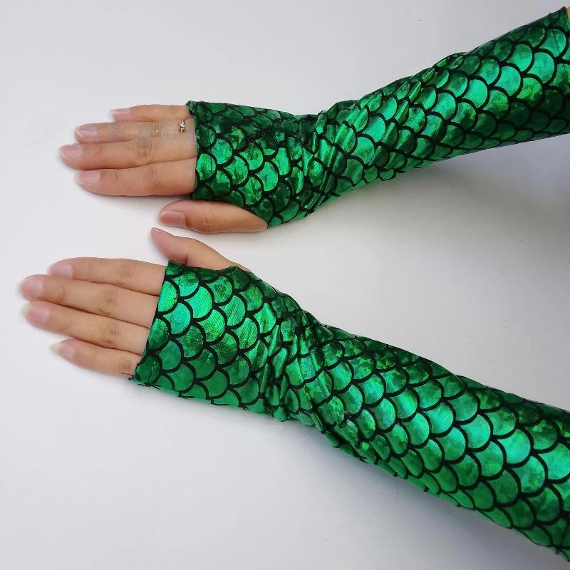 1 Paar Gotische Cosplay Halloween Bühnenperformance Party Armstulpen Meerjungfrau Fischschuppenmuster Fingerlos Lange Handschuhe Für Damen