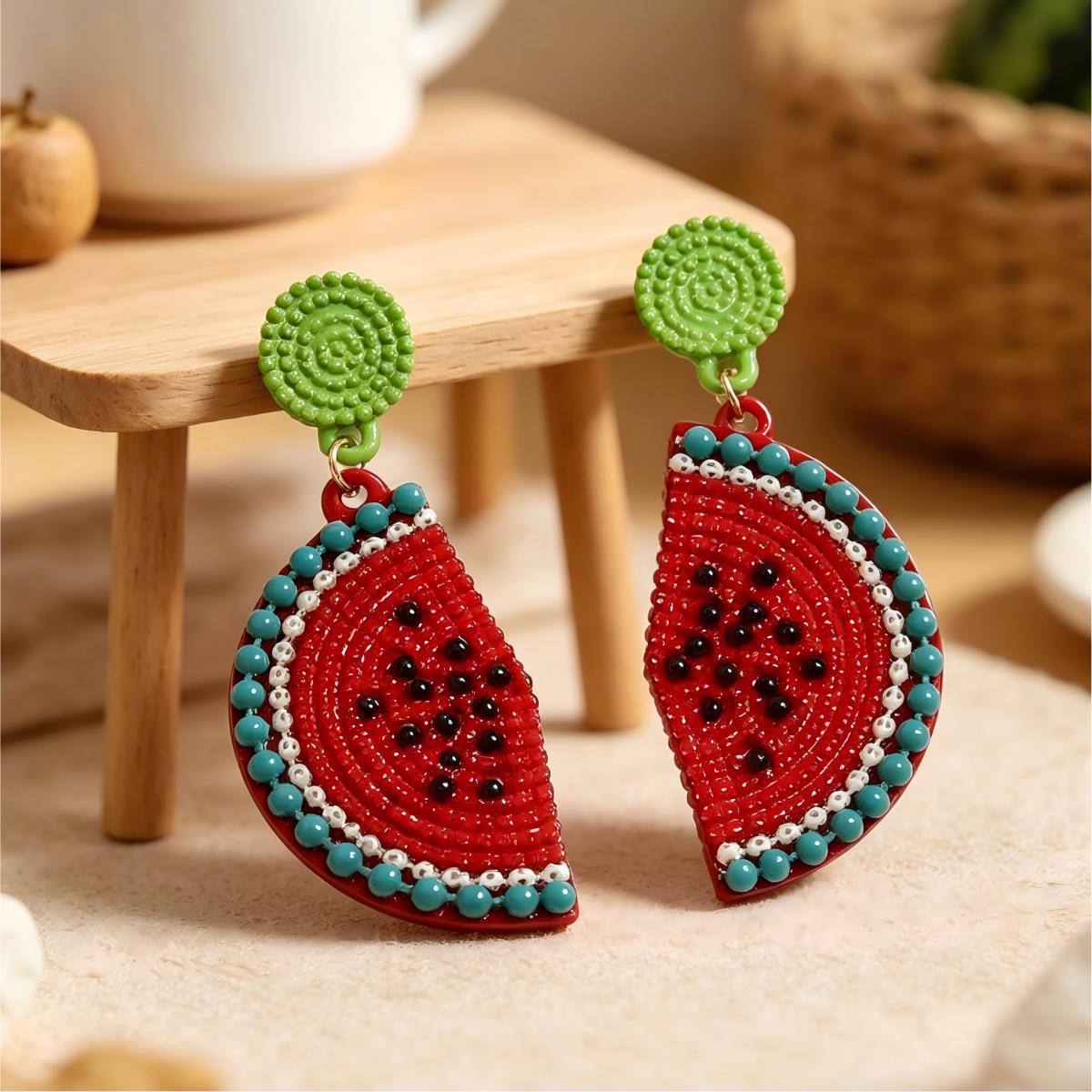 Handmade Watermelon Rice Bead Earrings - Cute Summer Fruit Design for Women
