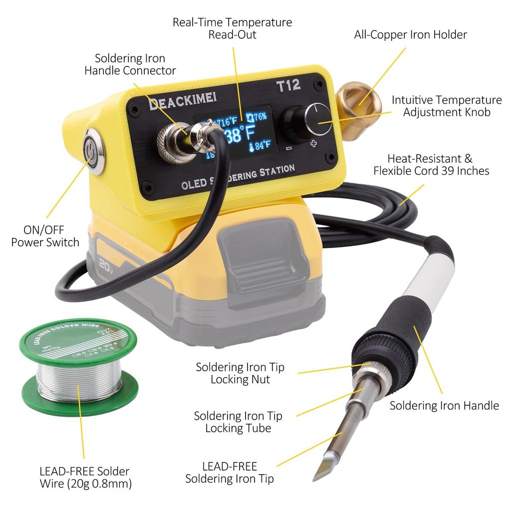 Cordless soldering iron table with digital display, adjustable temperature knob, lead-free soldering, °C/ºF conversion, auto sleep and calibration.