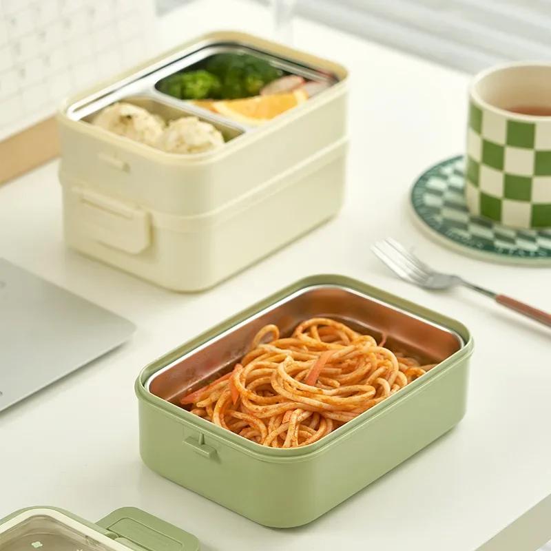 Double-layer Thermal Insulation Lunch Box Stainless Steel Bento Box with Handle School Office Camping Portable Food Container