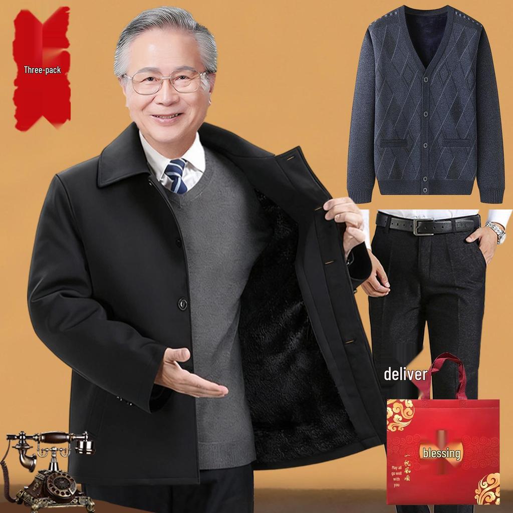 Elderly Men's Winter Fleece-Lined Cotton Jacket, Short Style for Ages 50-70
