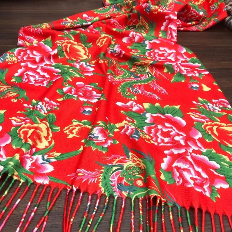 Winter Warm Ethnic Tassels Scarf for Women Northeast Big Flower Scarves Outdoor Activity Shawl Scarf Fashion Accessories