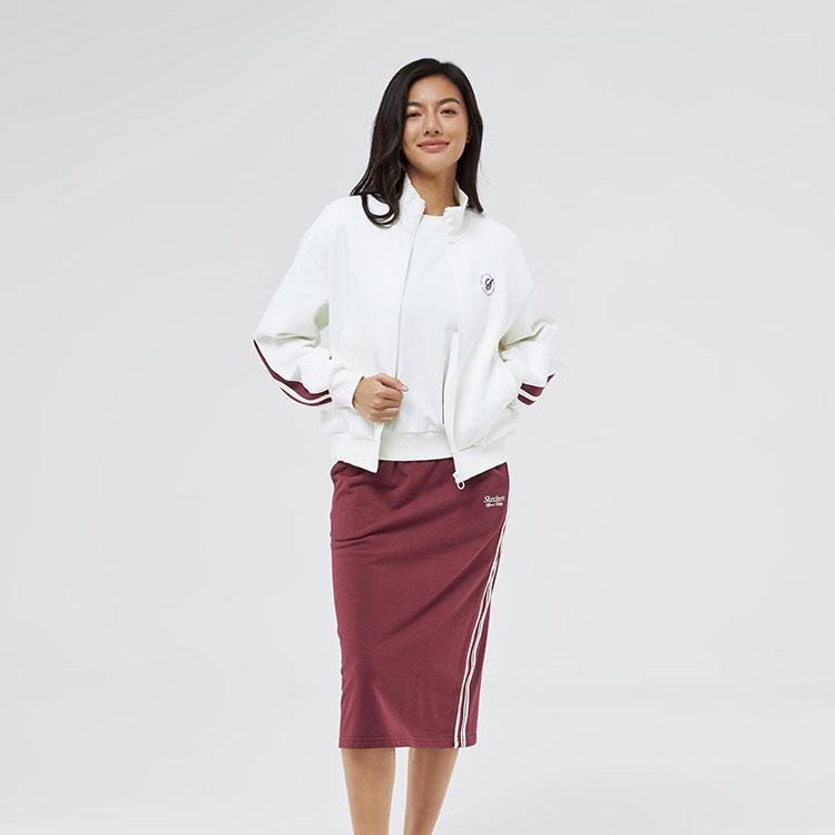 Skechers Retro Color Block Striped Warm Fashion Comfortable Stand Collar Zip Jacket Women Jackets White L324W021-0074