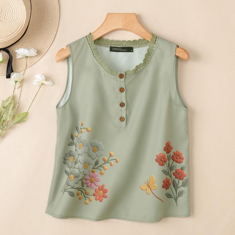 

ZANZEA Women Casual Floral Print Round Neck Sleeveless Tank Tops 5XL армия зеленый