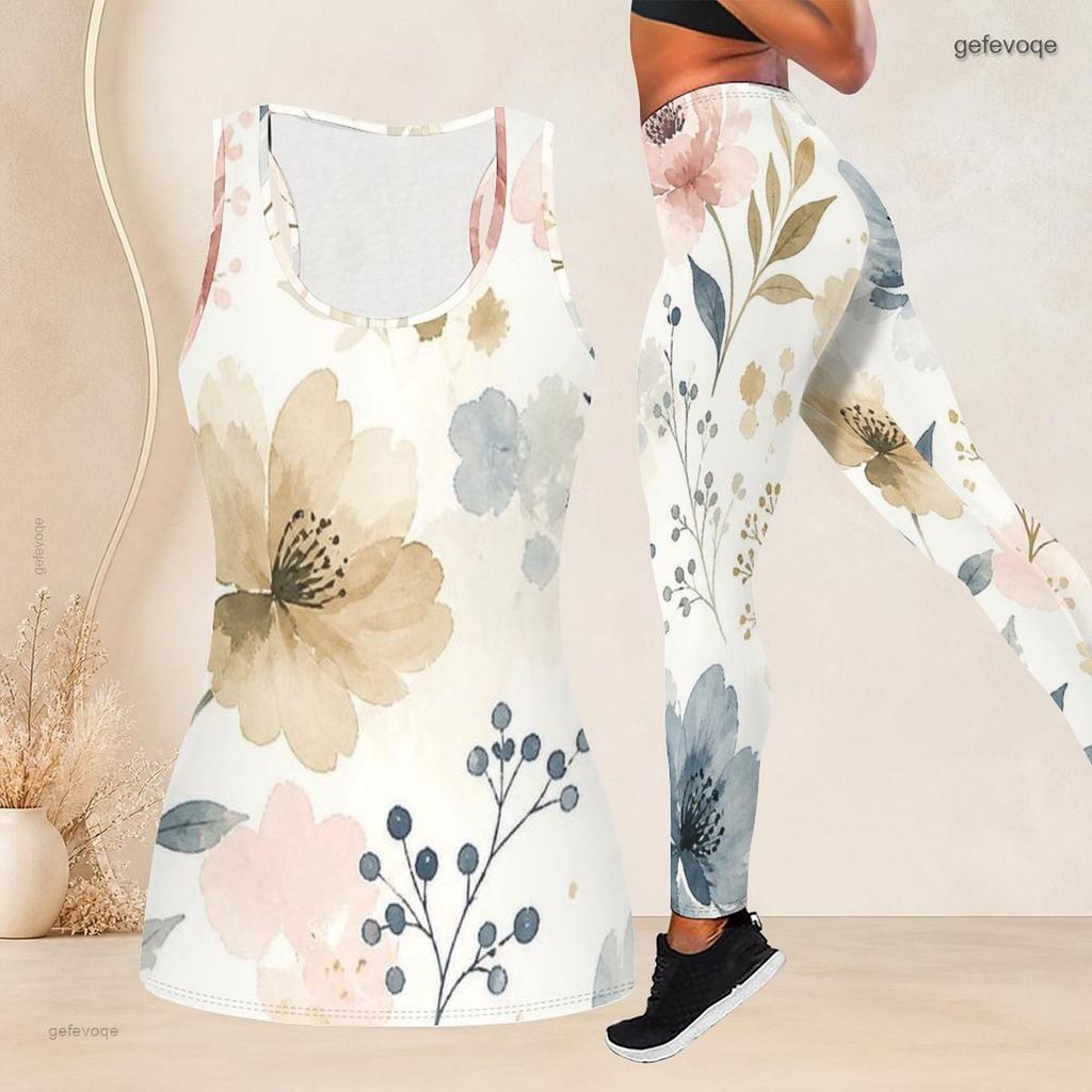 Women Plus Size Two Piece Set Scoop Neck Sleeveless Floral Printed Longline Tank Top Fitted Pants