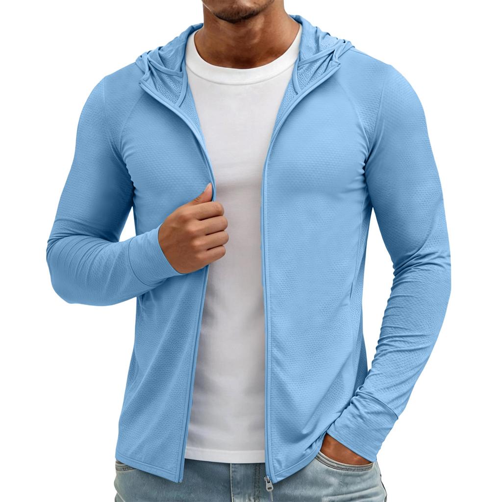 Giacca con cappuccio da uomo leggera con zip, sottile, protezione solare, traspirante, manica lunga, abbigliamento sportivo da esterno per ciclismo, pesca, escursionismo, arrampicata