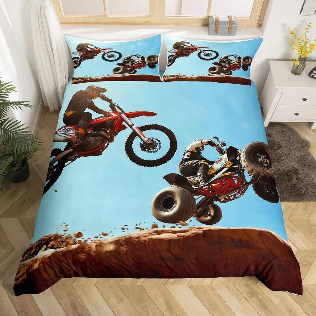 Dirtbike Bettbezug Set Extremsport Bettwäsche Set Motocross Fahrer Bettdeckenbezug Cooles Motorrad Tagesdecke Bezug Queen Size