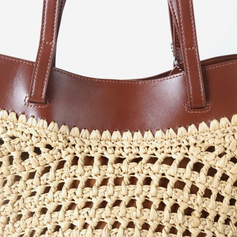 Large Capacity Woven Tote Bag Women Genuine Leather Top Grain Cowhide Straw Interior Beach Vacation Style