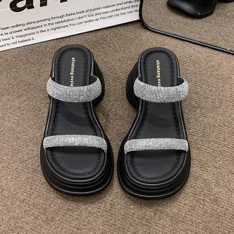 Fairy One-word Women's Casual Outer Slippers 2025 Summer New Muffin Soft Bottom Fashion Rhinestone Slippers Women