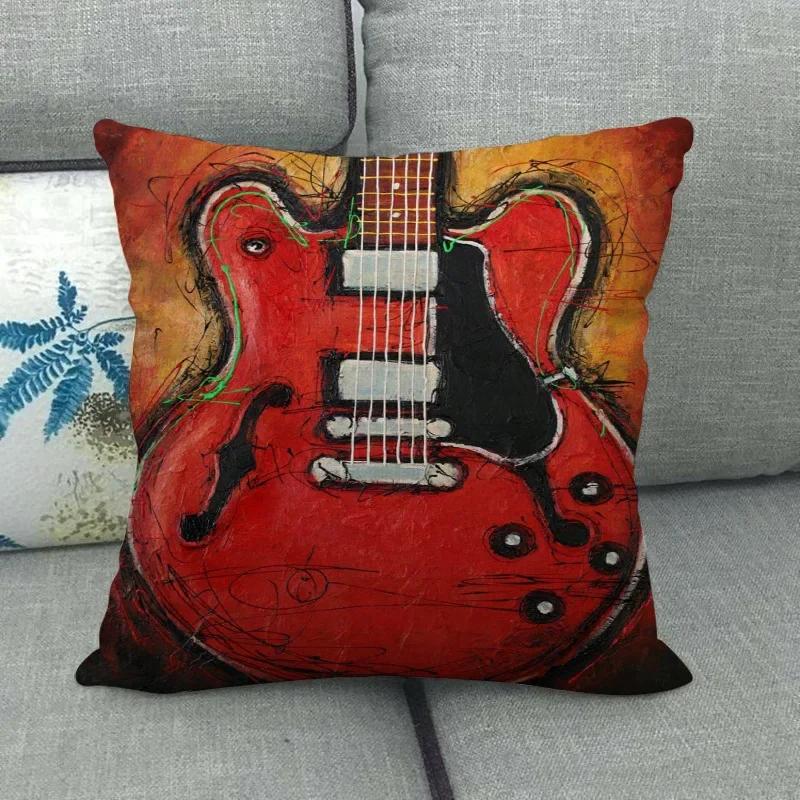 Watercolor Guitar Saxophone Pillow Bedroom Decor Luxury Home  Beautiful Musical Instrument Throw Pillowcase