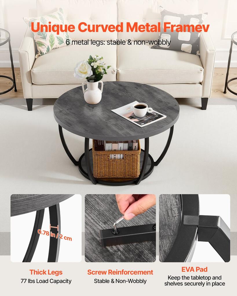 Coffee Table, Modern Round Coffee Table, 2 Tiers Wooden Circle Center Desk with Open Storage, Minimalist Sturdy Metal Frame Accent End Desk for Living