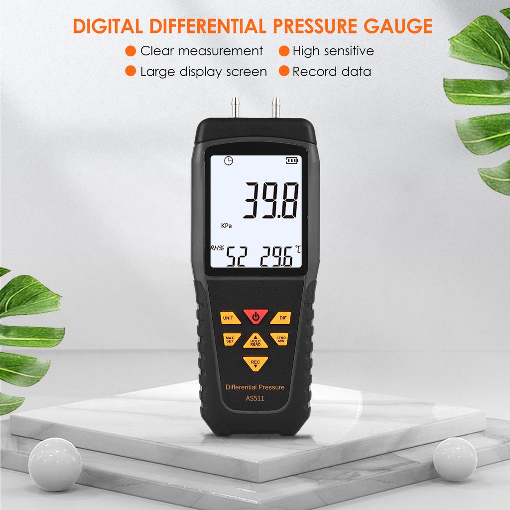 SMART SENSOR AS511B Digital Differential Pressure Gauge -206.8~206.8KPA Manometer Dual Port   Gas Pressure  with LCD Backlight Display Supports Temp