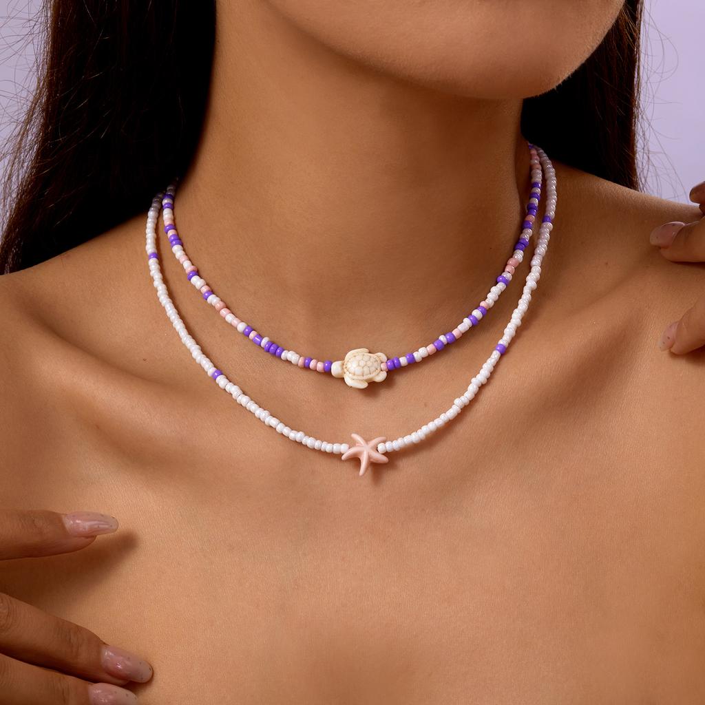 Bohemian Doppelperlen Seestern Schildkröte Anhänger Halskette für Frauen Bunte Samenperlen Schlüsselbein Kette Choker Strandparty Schmuck