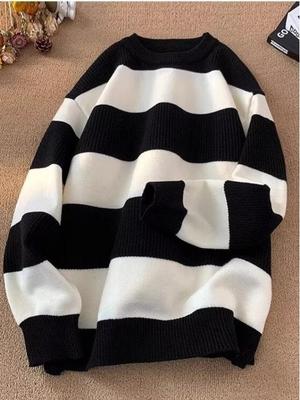 Men's Retro Striped Knit Sweater - Autumn/Winter Thick Round Neck