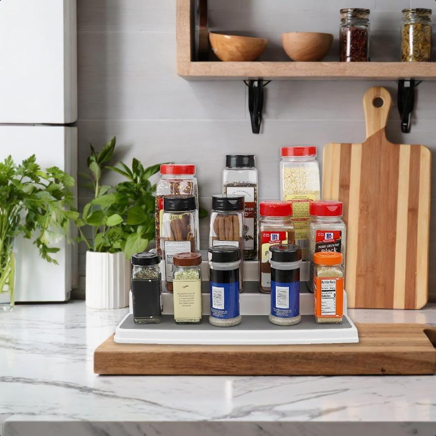 

3Tiered Plastic Expandable Spice Rack with Silicone Lined AntiSlip Tiers White Adjustable Length Kitchen Organizer for Cabinet United States