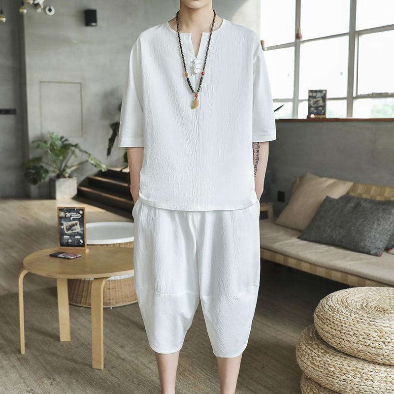 Men's Retro Chinese-Style Short Sleeve Cotton Linen Two-Piece Summer Hanfu Suit