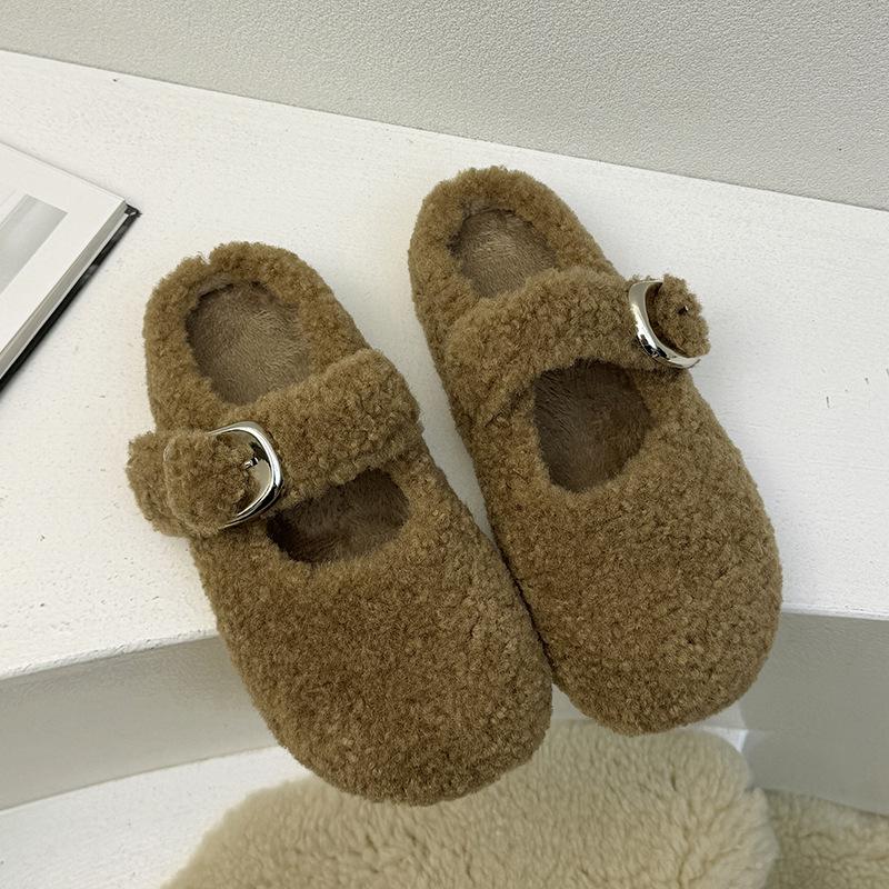 Baotou Fluffy Slippers Women's 2025 New Autumn and Winter Wear Velvet Warm Internet Celebrity Half Slippers Mary Jane Cotton Shoes