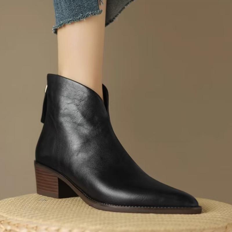 Retro Damstövletter, Modekänga med Spetsig Tå Mellanhög Chunky Klack, Fleecefoder för Höst och Vinter