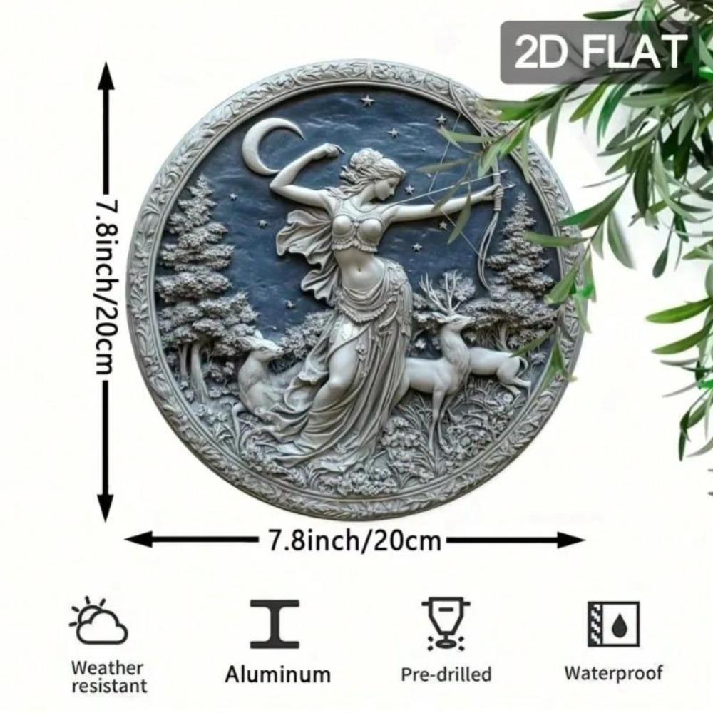 Mondhirsch Artemis Göttin Aluminium Metall Wandkunst Rund 7,8 Zoll Plakette Heimdeko Halloween Geschenk