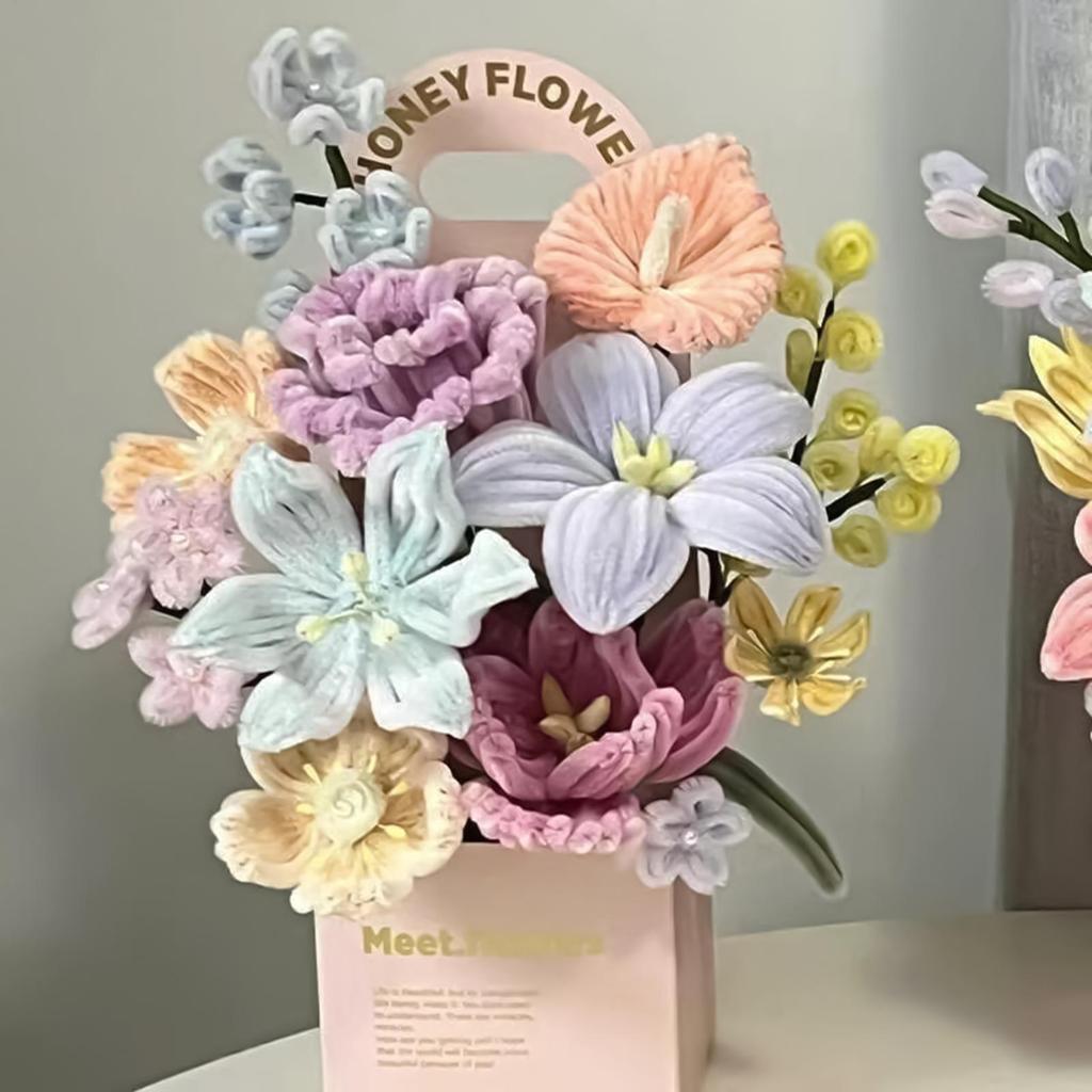 DIY Pfeifenreiniger Blumen Bastelset Kein Kleber Erforderlich Chenille-Stiele Blumenstrauß Bastelset für Zuhause Wohnzimmer Dekoration Muttertag Geschenk