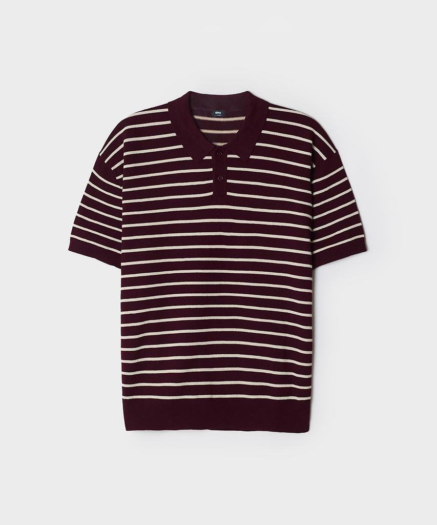 Seupao [100% Cotton] Collared Neck Striped Short Sleeve Knit_Spkwg25M03