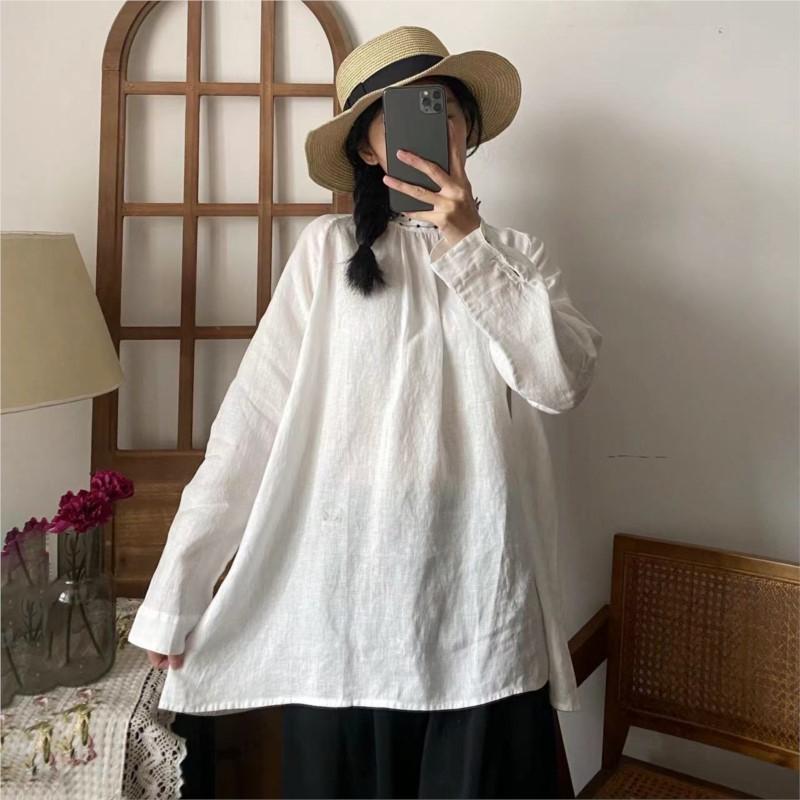 Johnature Frühling Sommer Dünne Weiße Frauen Tops Casual Leinen Rüschen Kragen Patchwork Lose Einfache Weibliche Shirts