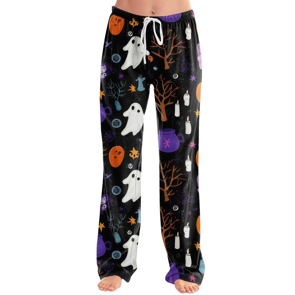 Damen Jogginghose mit Kordelzug, lässige Halloween-Print-Hose, volle Länge, lockere Passform, elastischer Bund, für entspannte Kleidung