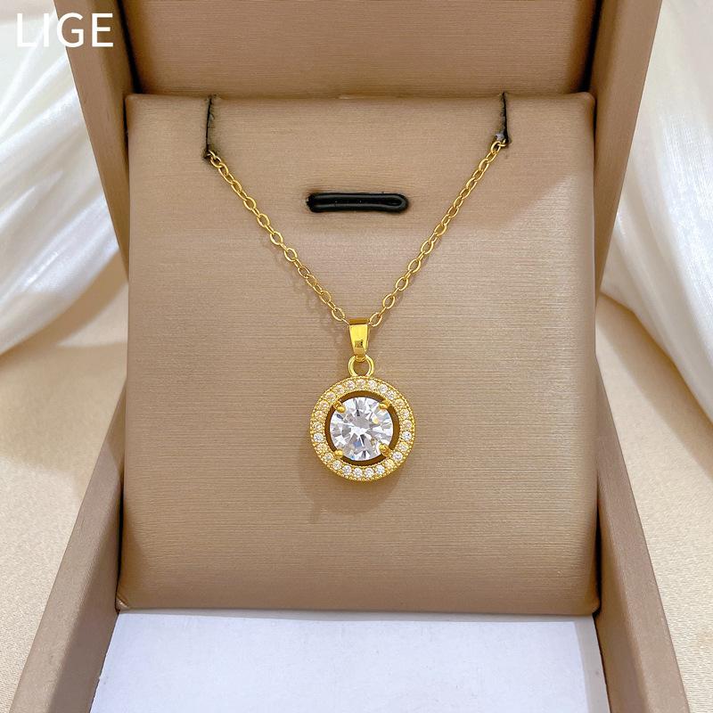 Round Empty Zircon Light Luxury Temperament Gorgeous Full Diamond Necklace Female Versatile Collarbone Chain Titanium Steel Chain