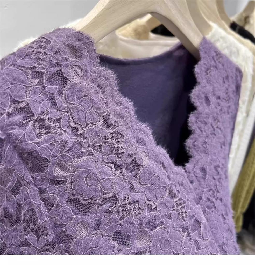 Chic V-Neck Lace Velvet Layered Top for Women - Trendy Autumn/Winter 2025