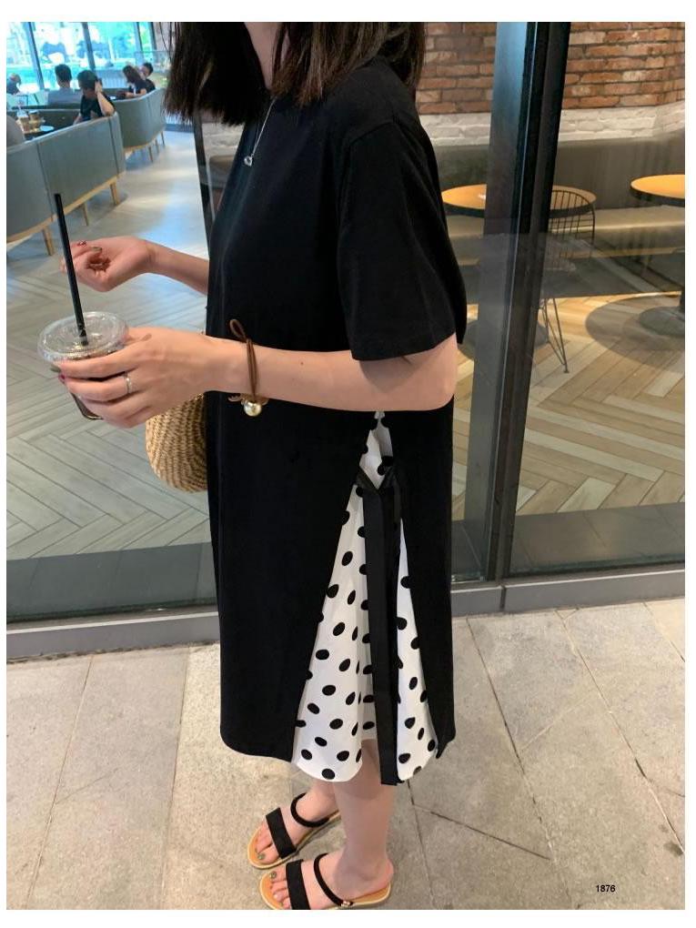 Maternity Loose-Fit Plus Size Patchwork T-shirt Dress - Korean Style Summer Over-the-Knee Dress