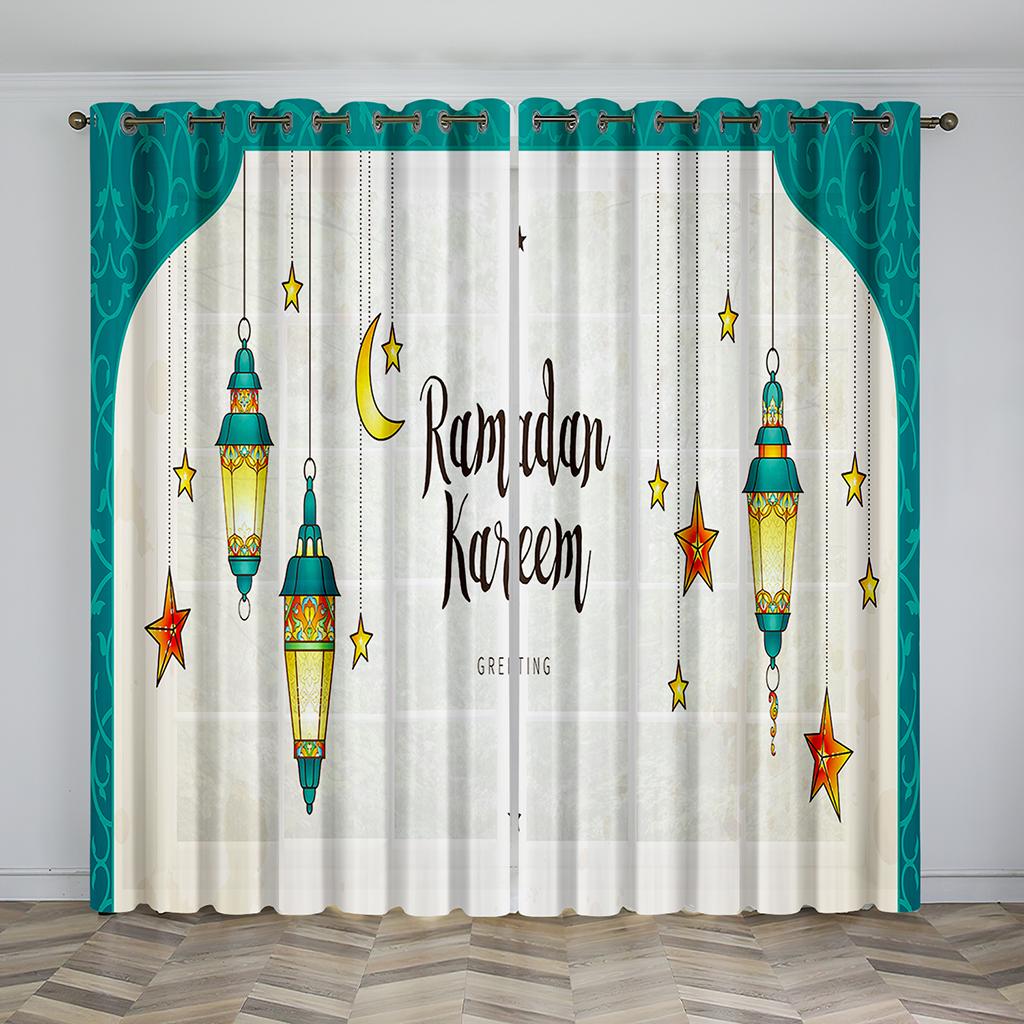 Hot Selling Eid Mubarak Lslamic Muslim Ramadan Festival Shading Drapes Window Curtain for Living Room Bedroom Decor 2 Pieces
