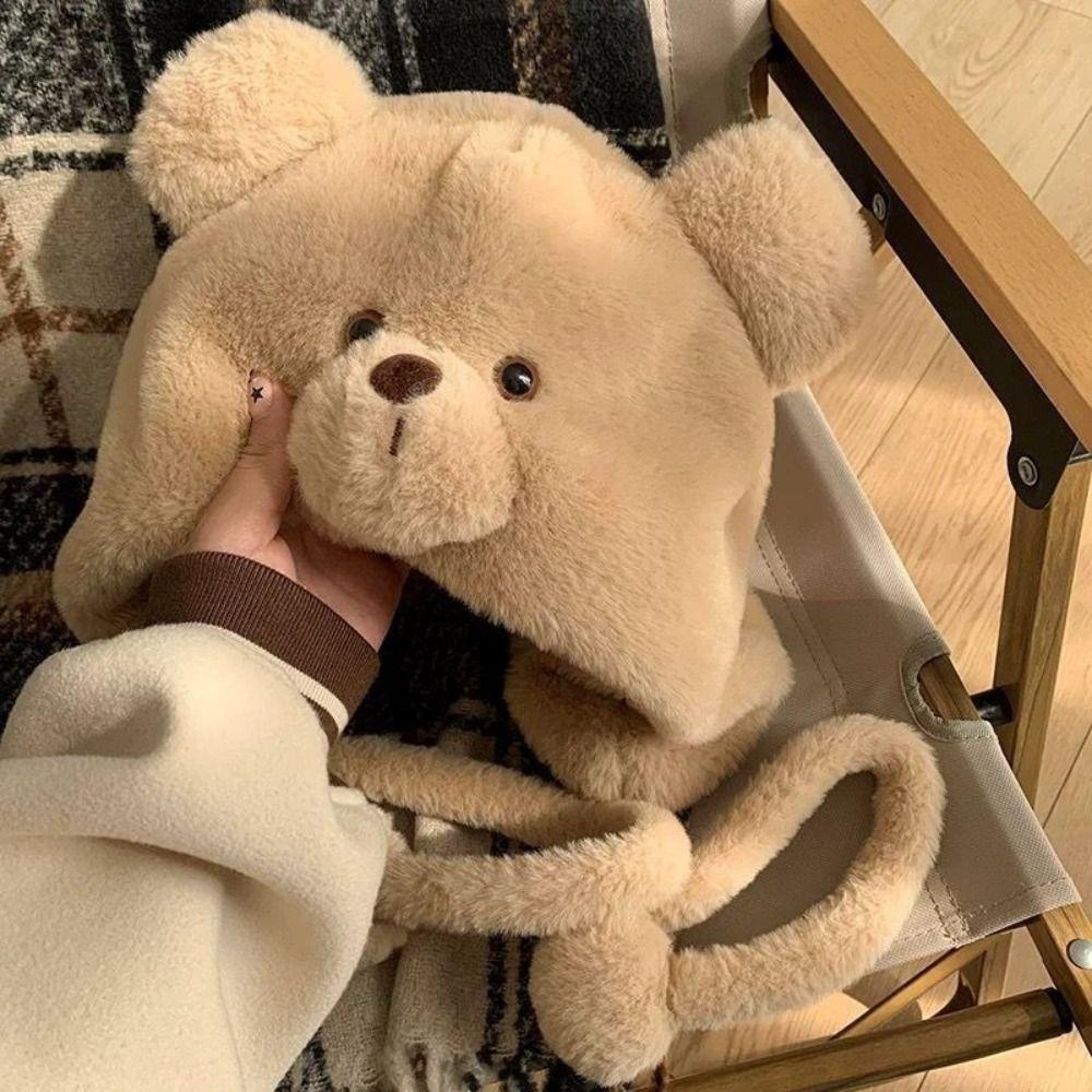 Cute Bear Pattern Women Plush Ear Protection Cap with Ties Lei Feng Hat  Winter Outdoor