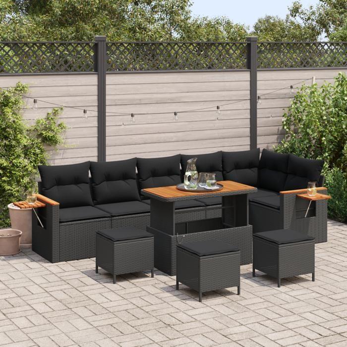 Ensemble de Canapé de Jardin 10 Pièces avec Coussins Noir Rattan Poly Acacia, Ensemble de salle à manger jardin Pièces 3363199