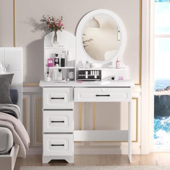Makeup Desk with Mirror, Large Vanity Desk with Storage Shelves, 4 Drawers, Makeup Vanity Table with Light, Bedroom Dressing Table