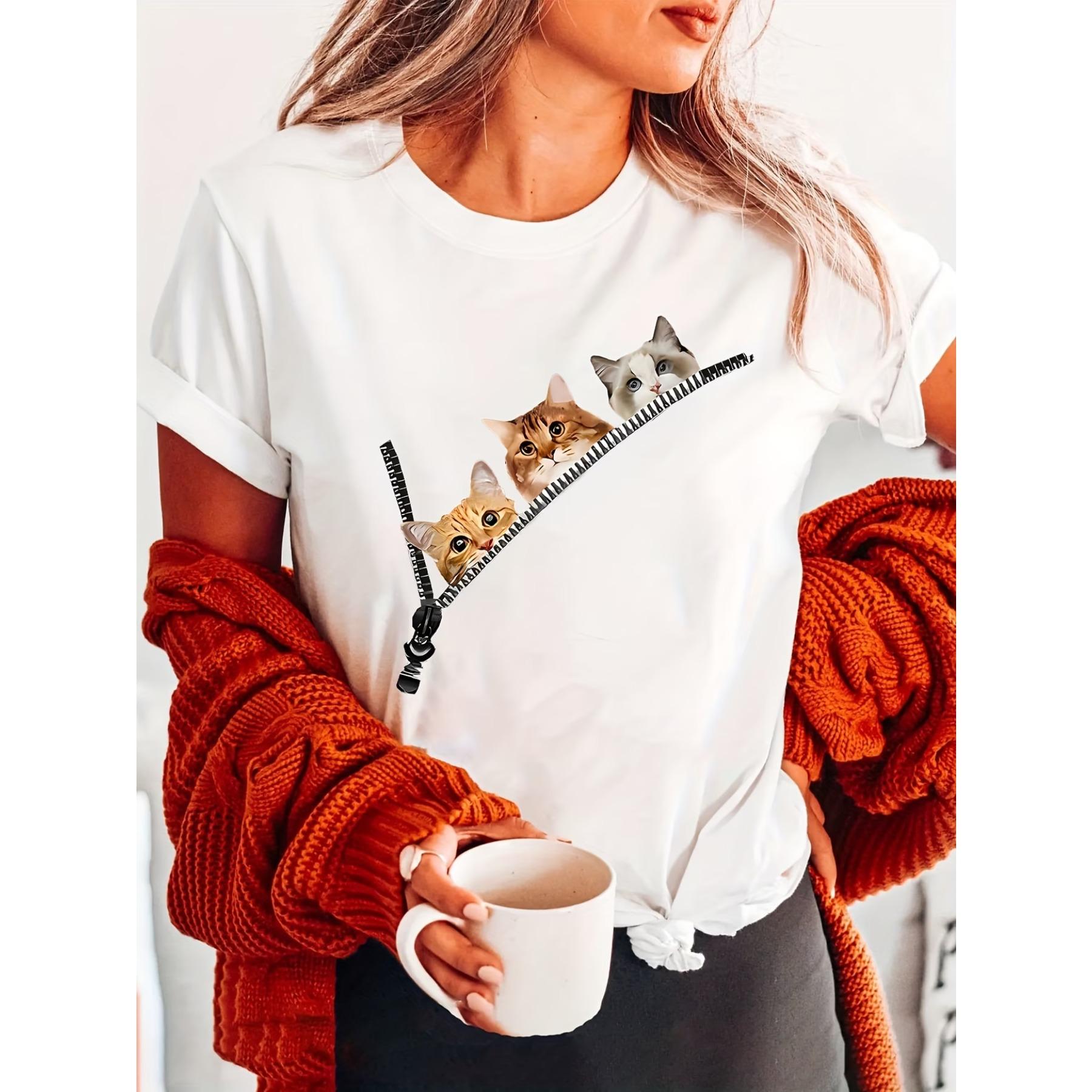 

Cat Print T-Shirt | Short Sleeve Crew Neck Casual Top for Summer & Spring, Women S Clothing XXL білий