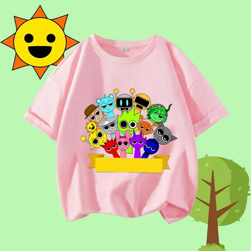 Cartoon Sprunki Character Printed Kids T-shirt Pure Cotton Short-sleeved White Top Cartoon Children's Clothing for Boys
