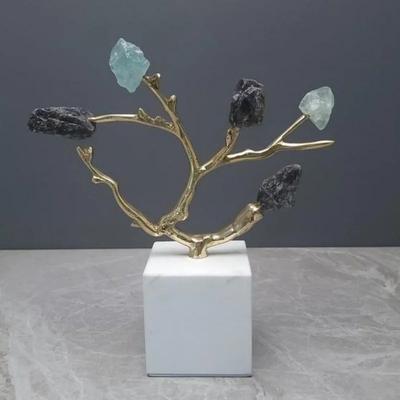 Natural Crystal Stone Sculptures Golden Tree Crystal Tree Brass Metal Branch Ornament Metal Figurine Home Decoration Accessories